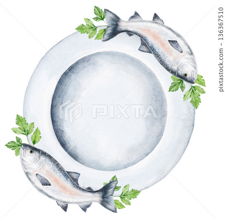 Round seafood frame with fish and parsley placed over a white ceramic plate on white background. Central space left for text. Perfect for culinary logos, menu templates, or food packaging. Round seafood frame with fish and parsley placed over a white ceramic plate on white background. Central space left for text. Perfect for culinary logos, menu templates, or food packaging. 136367510