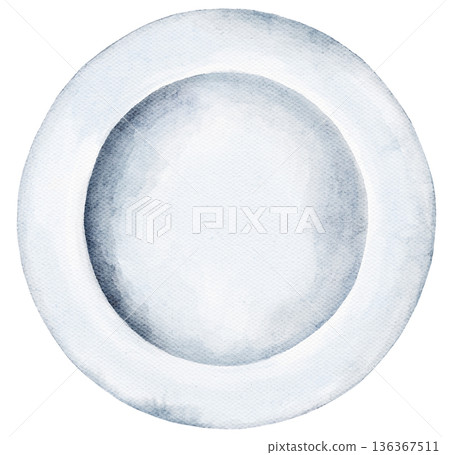 Watercolor blue plate illustration on white background. Central space left for text. Clean round layout ideal for menus, food branding, product labels, or elegant culinary design. Watercolor blue plate illustration on white background. Central space left for text. Clean round layout ideal for menus, food branding, product labels, or elegant culinary design. 136367511