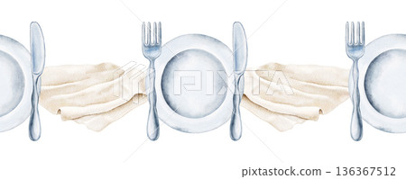Seamless watercolor border with blue plates, forks and beige cloth on white background. No space for text. Perfect for table themed prints, menu dividers, or culinary paper products. Seamless watercolor border with blue plates, forks and beige cloth on white background. No space for text. Perfect for table themed prints, menu dividers, or culinary paper products. 136367512