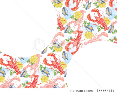watercolor seafood frame with lobster, mussel, shrimp, lemon and parsley on white background. Bold marine pattern forms circular border. Central space left for text. Ideal for menus or culinary design watercolor seafood frame with lobster, mussel, shrimp, lemon and parsley on white background. Bold marine pattern forms circular border. Central space left for text. Ideal for menus or culinary design 136367515
