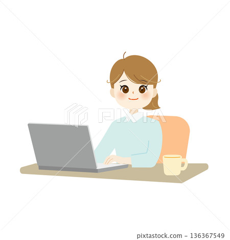 Illustration of a business woman operating a computer Office work/working from home 03 136367549