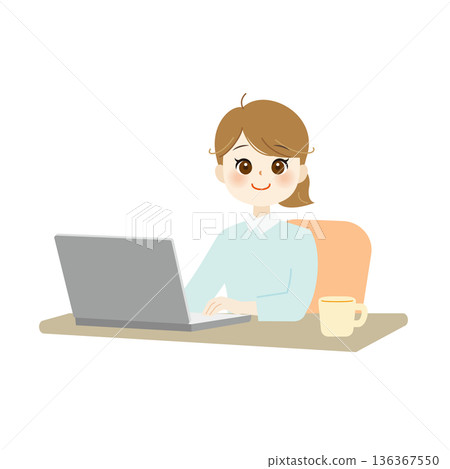 Illustration of a business woman operating a computer Office work/working from home 04 136367550