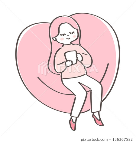 A woman relaxing on a heart-shaped sofa | Illustration of healing and mental care A woman relaxing on a heart-shaped sofa | Illustration of healing and mental care 136367582