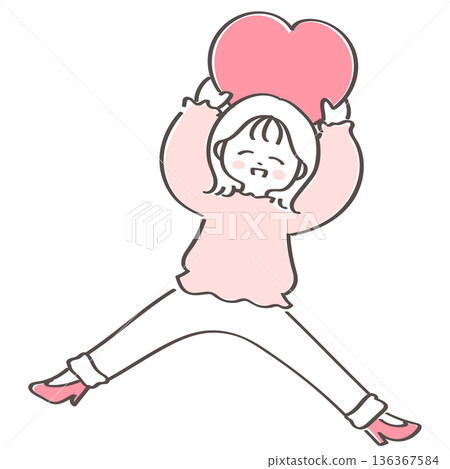 A woman jumping with a heart shaped heart above her head 136367584