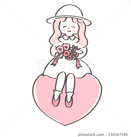 女孩手捧鮮花，坐在心形圖案上 | 自我關愛、療癒、愛的主題 136367586