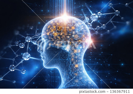 AI generated digital brain visualization with human head filled with data icons neural connections and knowledge network representing artificial intelligence data science and cognitive computing 136367911