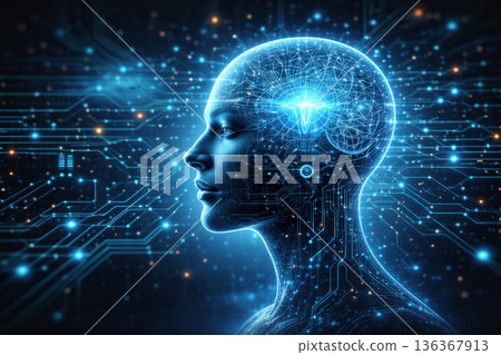 AI generated human profile with glowing digital brain and neural circuitry representing artificial intelligence data networks machine learning and future smart technology 136367913
