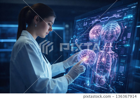 AI generated advanced digital healthcare with medical professional using interactive holographic brain interface for data driven diagnosis precision medicine and future medical innovation 136367914