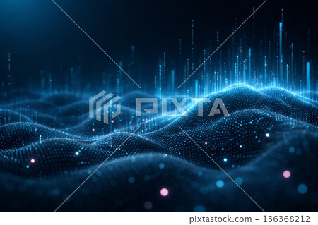 AI generated abstract blue data landscape with flowing wave surface and vertical light signals representing big data artificial intelligence digital networks and futuristic technology AI generated abstract blue data landscape with flowing wave surface and vertical light signals representing big data artificial intelligence digital networks and futuristic technology 136368212