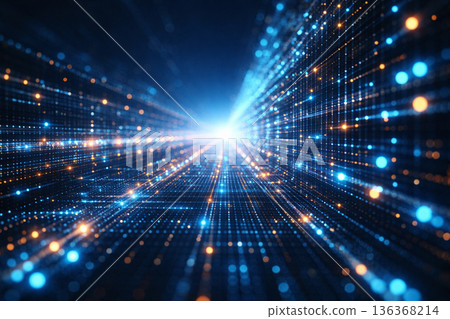 AI generated futuristic data tunnel with glowing blue and orange light particles forming a digital network conveying speed connectivity innovation and advanced technology with clean space for text AI generated futuristic data tunnel with glowing blue and orange light particles forming a digital network conveying speed connectivity innovation and advanced technology with clean space for text 136368214