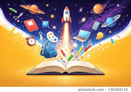 AI generated image of an open book releasing digital tools icons and a rocket into space symbolizing modern education creativity technology imagination and limitless learning paths AI generated image of an open book releasing digital tools icons and a rocket into space symbolizing modern education creativity technology imagination and limitless learning paths 136368216