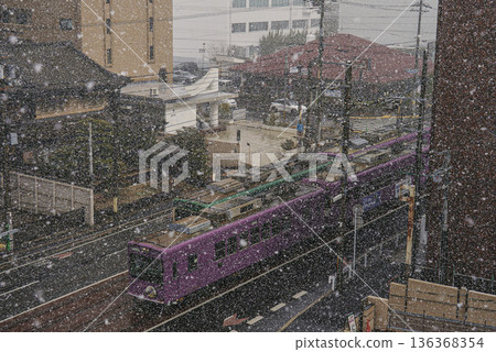 Trams passing each other in the snow Trams passing each other in the snow 136368354