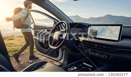 Adventurous Man Exiting Car at Mountain Overlook Celebrating Freedom 136368377