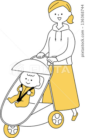 母親推著嬰兒車，單色 136368744