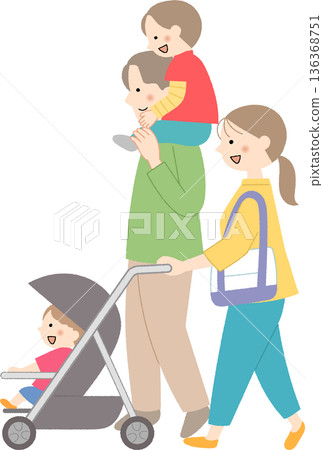 媽媽推著嬰兒車,一家人 媽媽推著嬰兒車,一家人 136368751