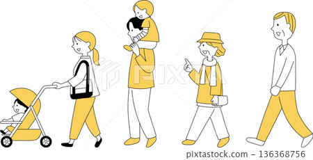 Three-generation family walking side by side, monochrome 136368756