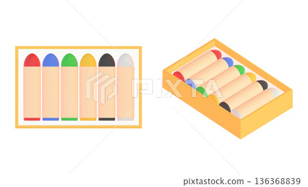 3D CG illustration of crayons in a box. Illustration of crayons seen from directly above and at an angle. 3D CG illustration of crayons in a box. Illustration of crayons seen from directly above and at an angle. 136368839