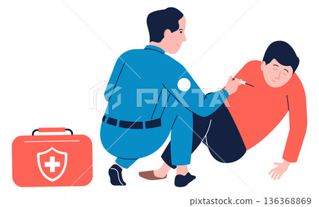 Paramedic make injured guy injection. Medical illustration 136368869