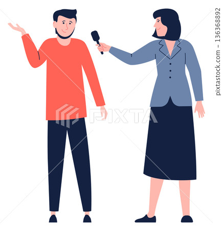 News reportage concept. Female journalist talk with man News reportage concept. Female journalist talk with man 136368892