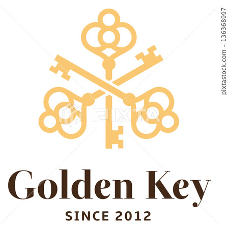 Golden key emblem. Decorative business logo template 136368997