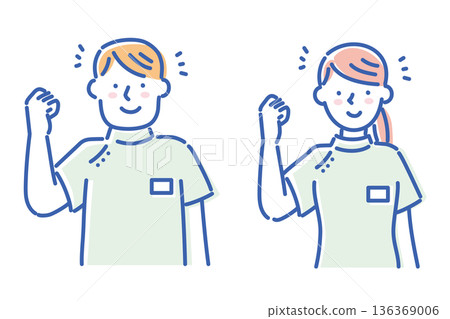 Illustration set of young nurses wearing white coats and smiling, giving a fist pump 136369006