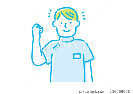 Illustration of a young male nurse wearing a white coat and smiling, giving a fist pump 136369008