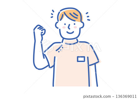 Illustration of a young male nurse wearing a white coat and smiling, giving a fist pump Illustration of a young male nurse wearing a white coat and smiling, giving a fist pump 136369011