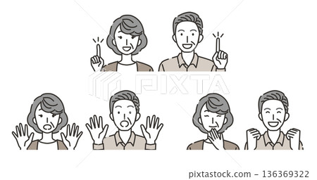 一組描繪老年夫婦各種情緒和姿勢的插圖 一組描繪老年夫婦各種情緒和姿勢的插圖 136369322