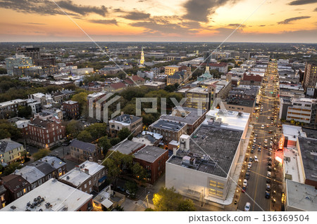 Savannah, Georgia. American architecture with illuminated streets and historical buildings Savannah, Georgia. American architecture with illuminated streets and historical buildings 136369504