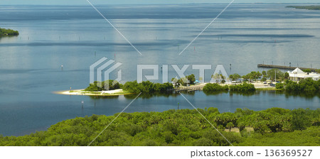 View from above of Florida everglades with green vegetation between ocean water inlets. Natural habitat of many tropical species in wetlands View from above of Florida everglades with green vegetation between ocean water inlets. Natural habitat of many tropical species in wetlands 136369527