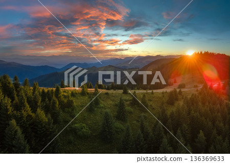 Amazing sunset scenery in wild mountain forest. Dark pine woods illuminated with bright setting sun. Beautiful nature landscape 136369633
