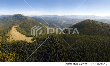 Aerial view of hillside with dark spruce forest trees at fall bright day. Beautiful scenery of wild mountain woodland 136369647