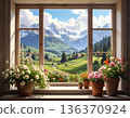 Flowers in a pot on the windowsill, a small snow-covered mountain outside, and flowers blooming under the warm sun - AI-generated image 136370924