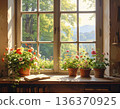 Sunlight filtering through the window and beautiful flowers in a pot in the room. AI-generated image 136370925