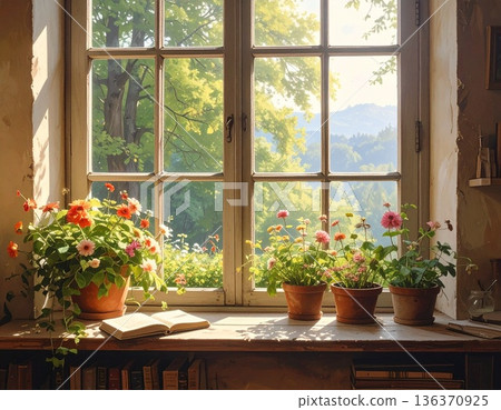 Sunlight filtering through the window and beautiful flowers in a pot in the room. AI-generated image 136370925