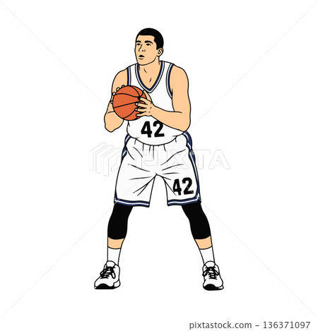 Professional Basketball Player Concentrating on Free Throw Line Holding Ball with Both Hands Line Art Illustration 136371097