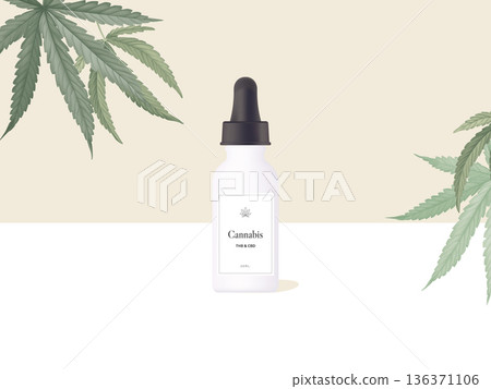 Product mockup template design, dropper bottle decorated with cannabis leaves Product mockup template design, dropper bottle decorated with cannabis leaves 136371106