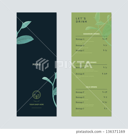 Beverage menu template design, green tea leaves on green 136371169