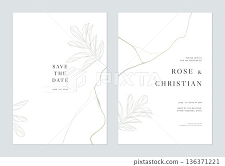 Minimalist foliage wedding invitation card template design, leaves line art ink drawing on white Minimalist foliage wedding invitation card template design, leaves line art ink drawing on white 136371221