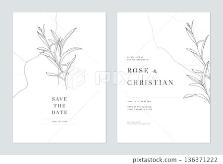 Minimalist foliage wedding invitation card template design, leaves line art ink drawing on white 136371222