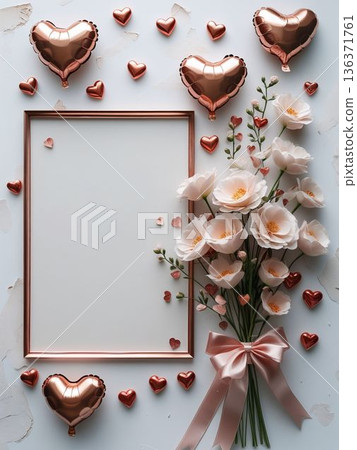 Romantic poster with rose gold frame and flower bouquet, vertical composition 136371761
