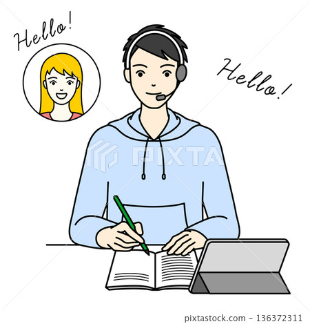 A male high school student taking online English lessons with a foreign teacher A male high school student taking online English lessons with a foreign teacher 136372311