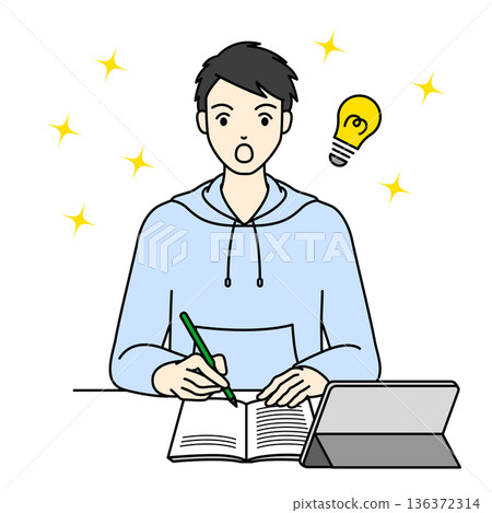 A male high school student is surprised when he comes across the answer while studying on a tablet 136372314