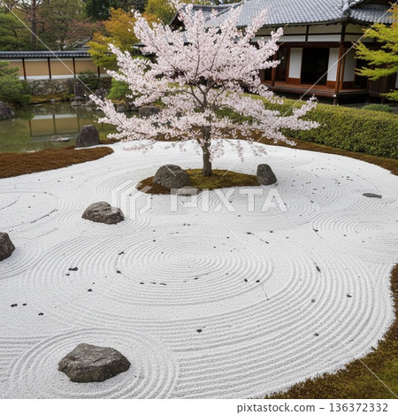 乾旱景觀花園中盛開的櫻花 136372332