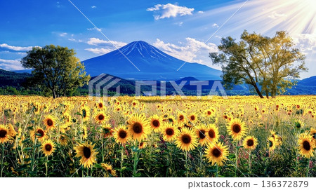 富士山和向日葵田沐浴在夏日的陽光下 136372879