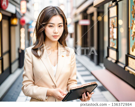 一位女商人正在城市操作平板電腦。 136372984