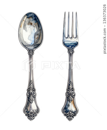經典銀勺和銀叉的水彩插圖 136373026