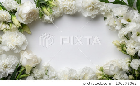 Horizontal funeral announcement background with blank frame and white flowers elegant memorial design 136373062