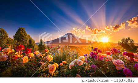 富士山上空的金色黎明，被玫瑰花環繞 136373083
