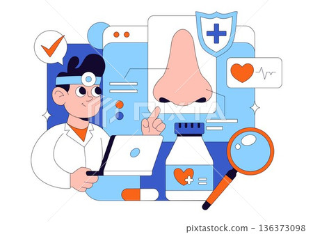 Otorhinolaryngologist Vector Illustration in a Healthcare Environment Related to Medical Conditions of the Ear Nose and Throat on a Flat Background Otorhinolaryngologist Vector Illustration in a Healthcare Environment Related to Medical Conditions of the Ear Nose and Throat on a Flat Background 136373098